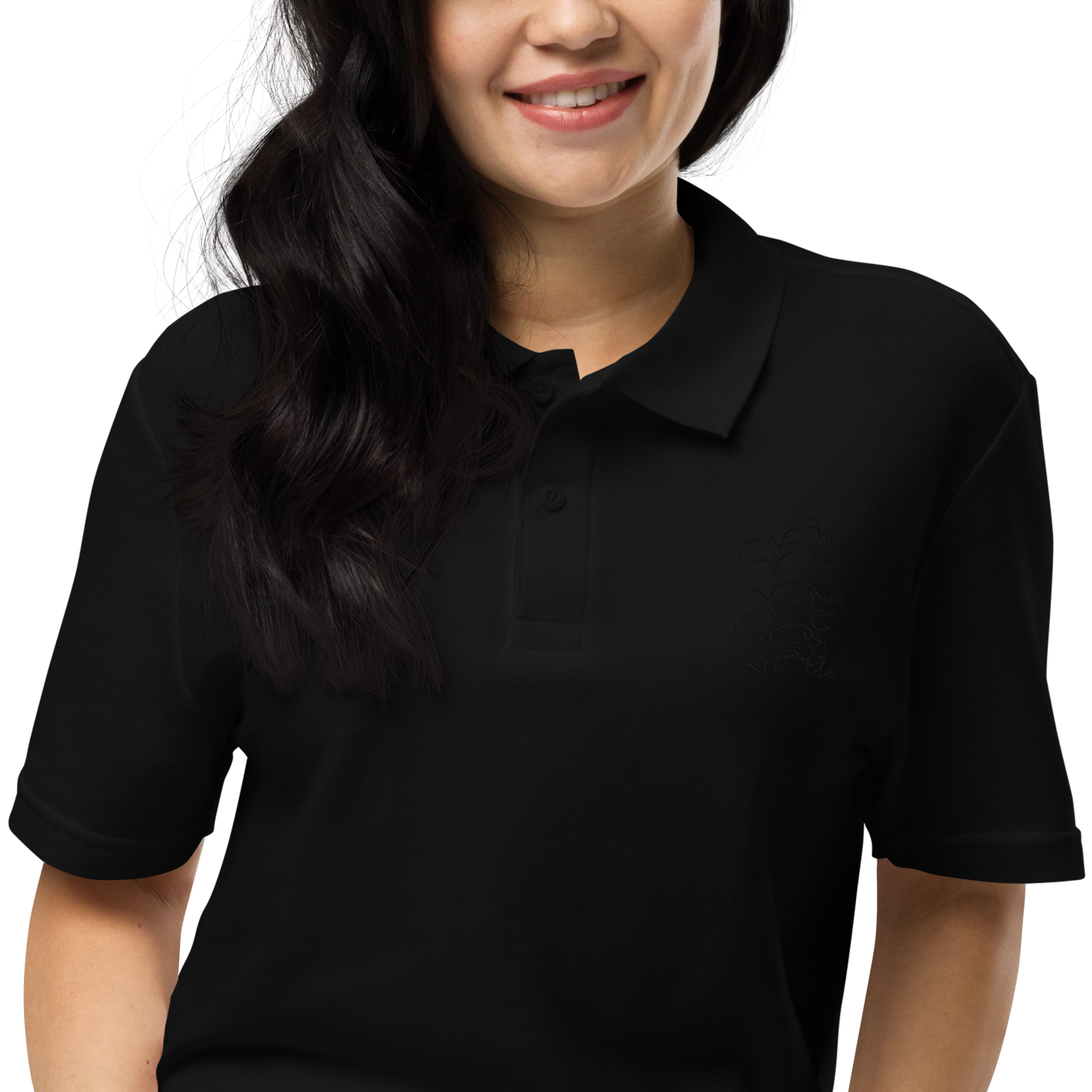 unisex pique polo shirt architectural pattern ´03 black embroidery black polo front close up