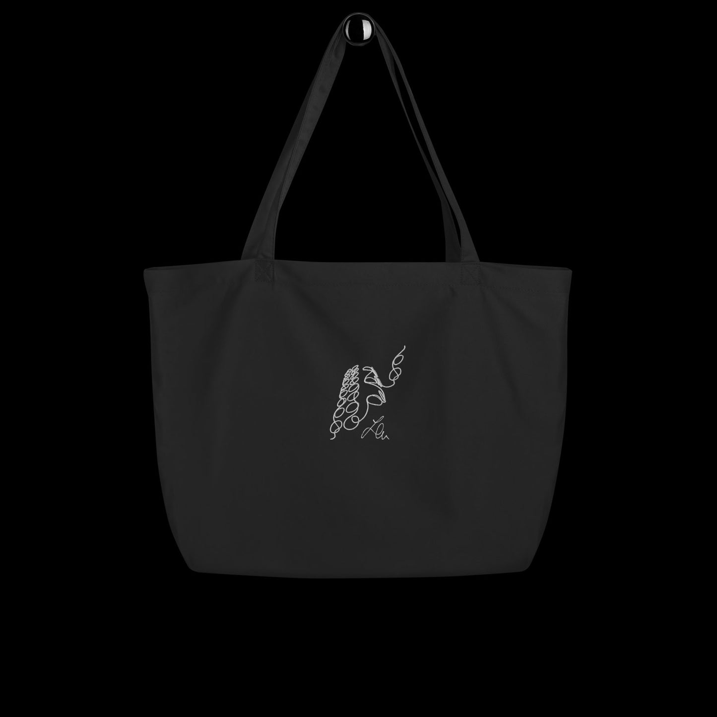 large organic tote bag with white embroidery of the architectural pattern '05