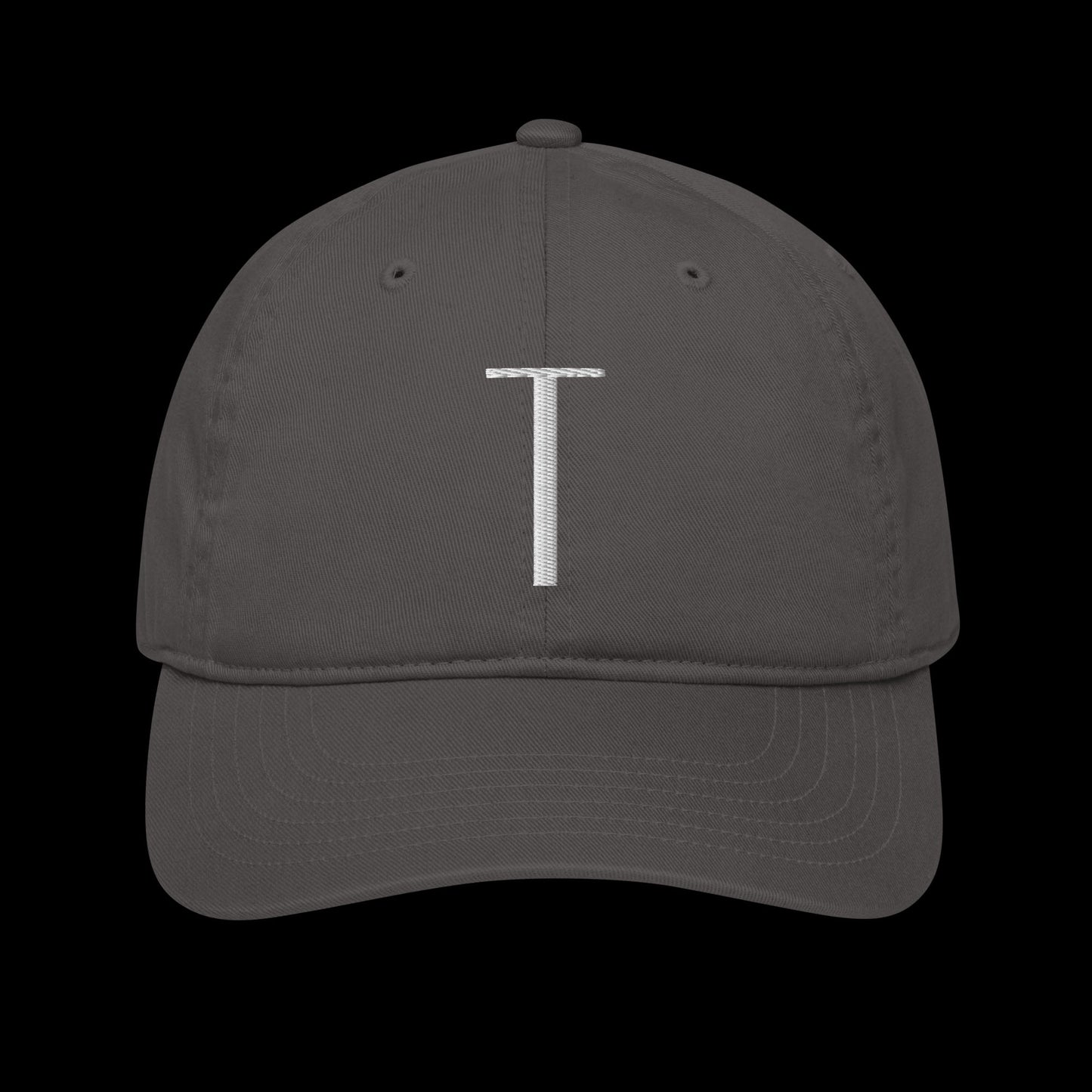 organic baseball hat personalised with embroidery of the chosen first letter as a special gift idea