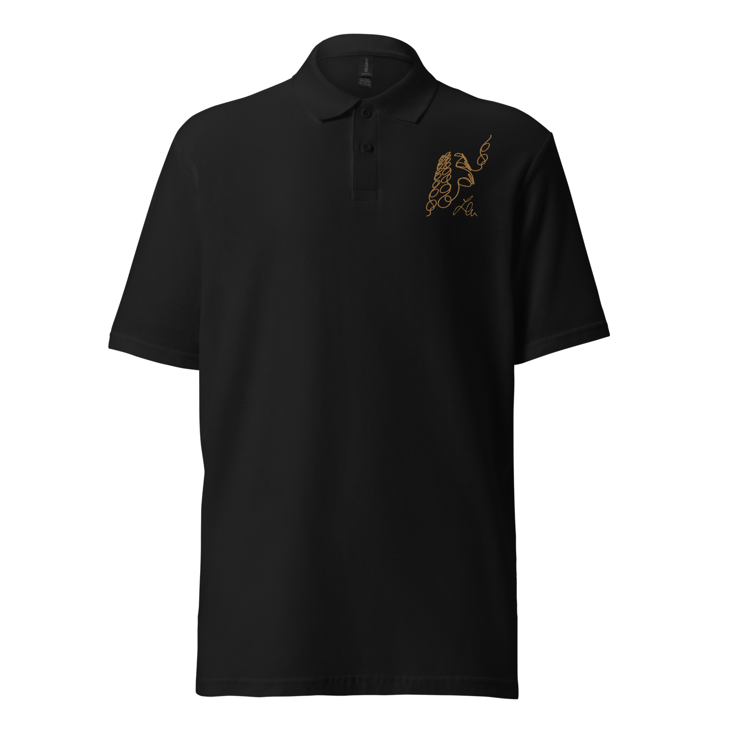 unisex pique polo shirt architectural pattern ´05 golden embroidery black polo front