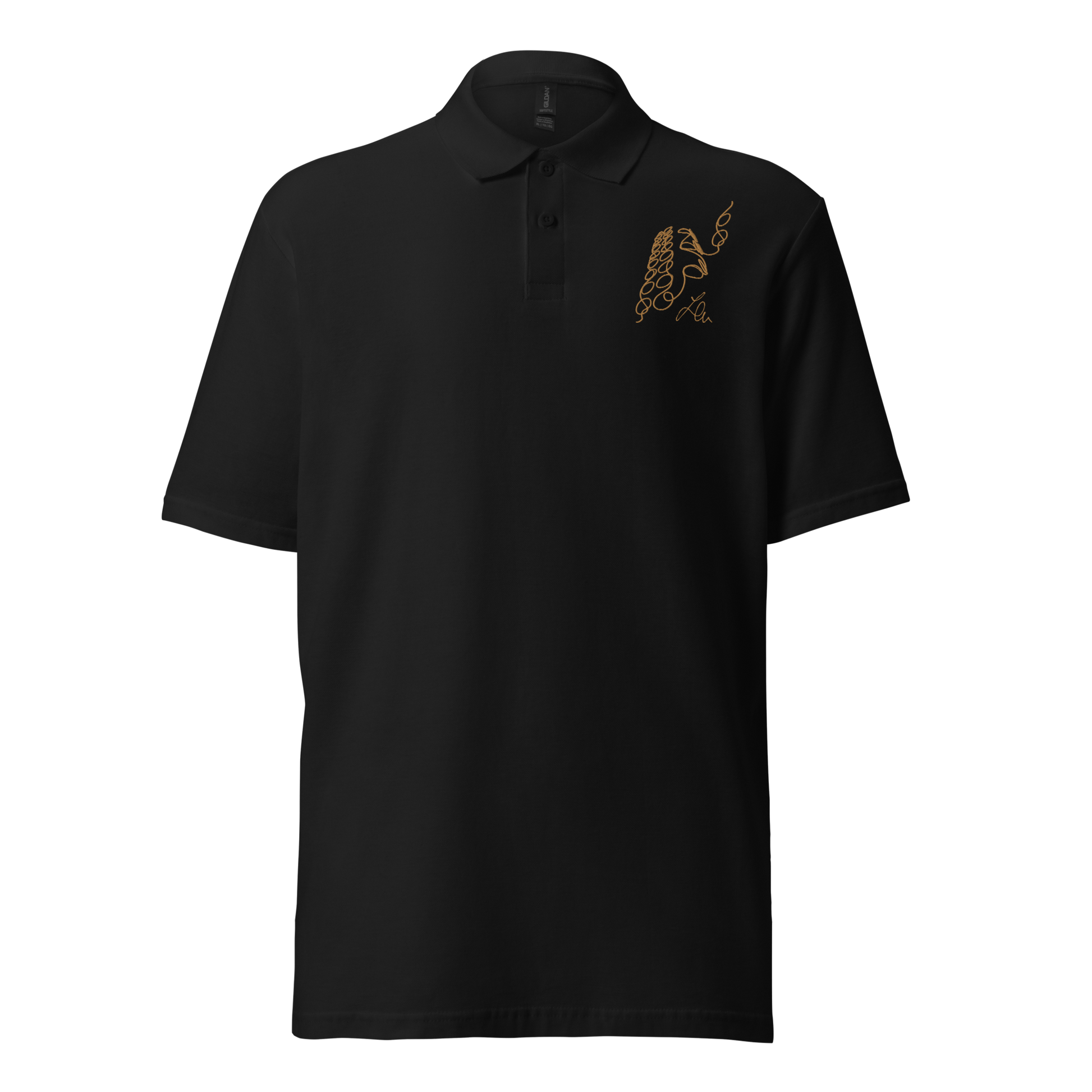 unisex pique polo shirt architectural pattern ´05 golden embroidery black polo front