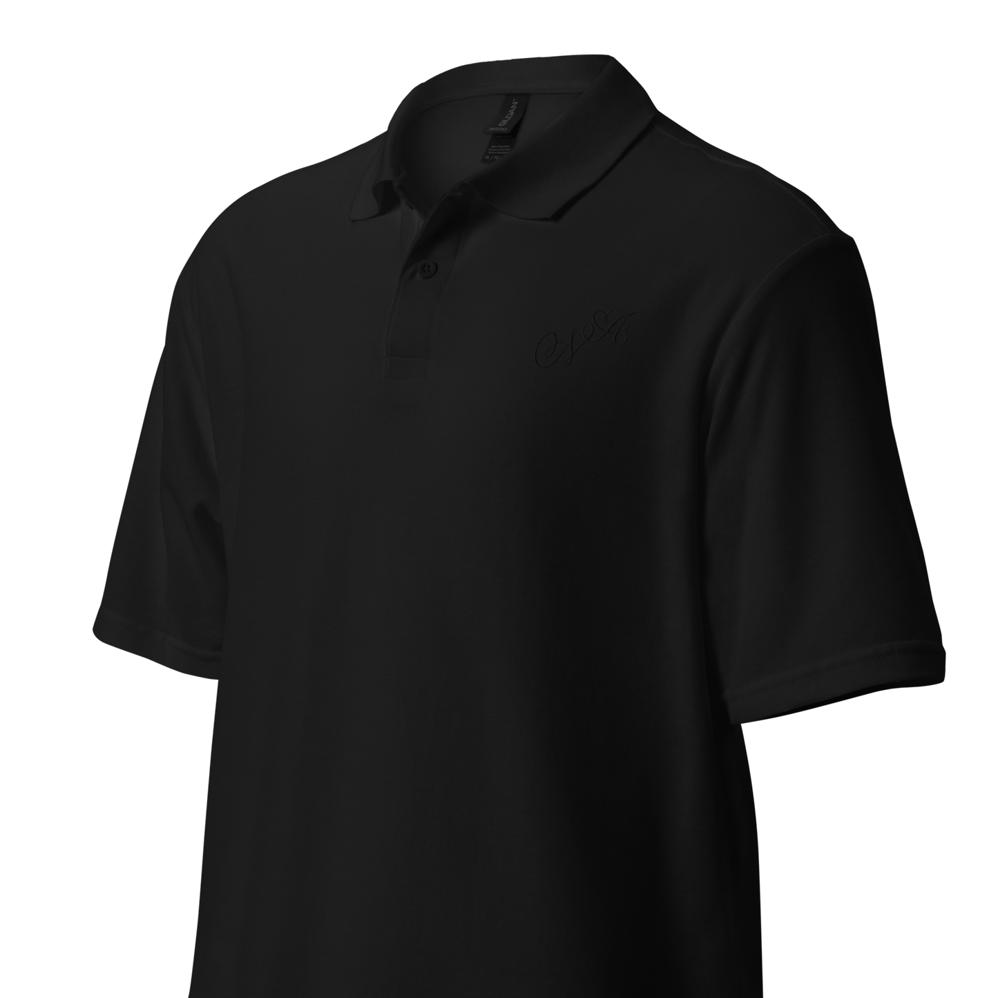 unisex pique polo shirt with black embroidery - personalised with calligraphyc initials