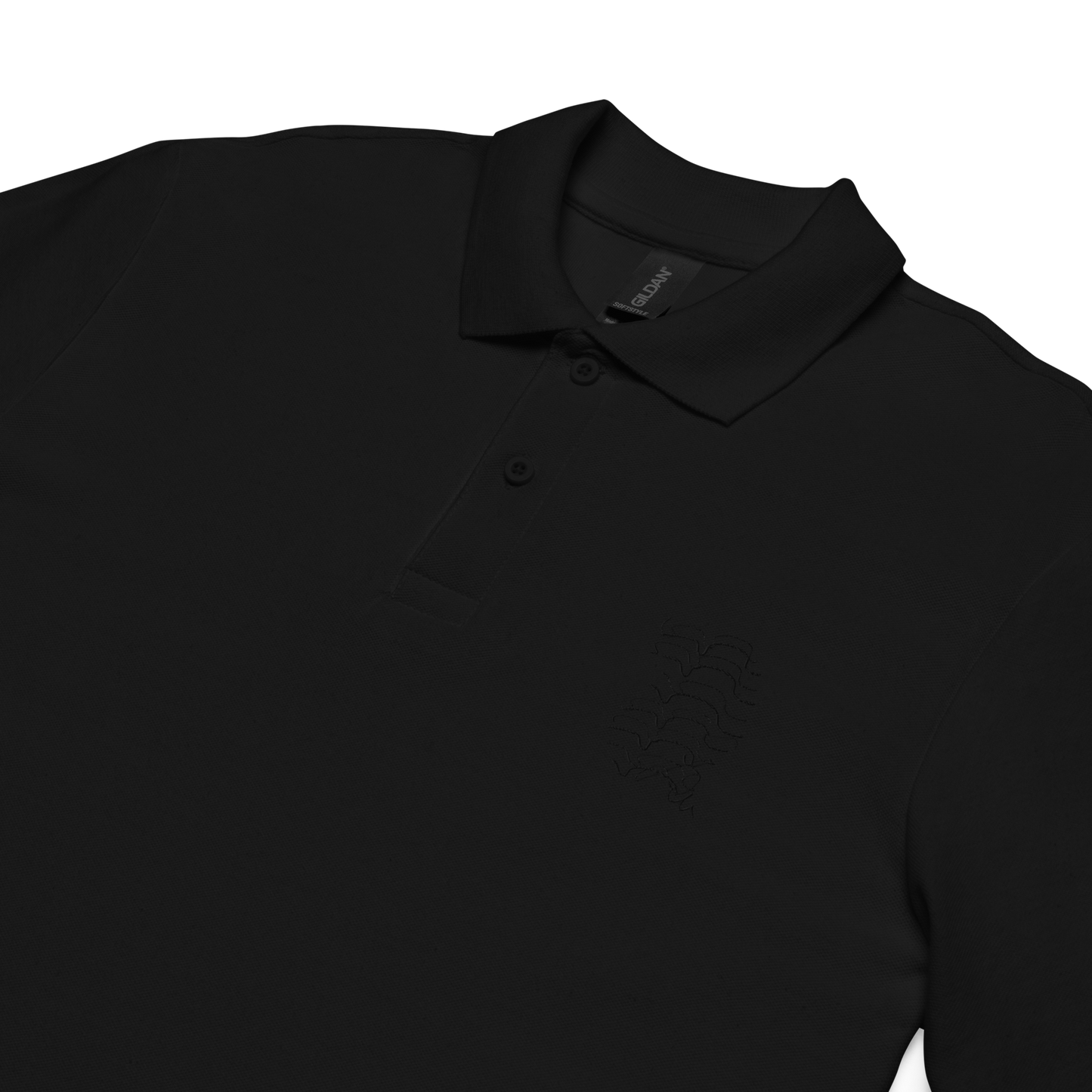 unisex pique polo shirt architectural pattern ´03 black embroidery black polo front close up