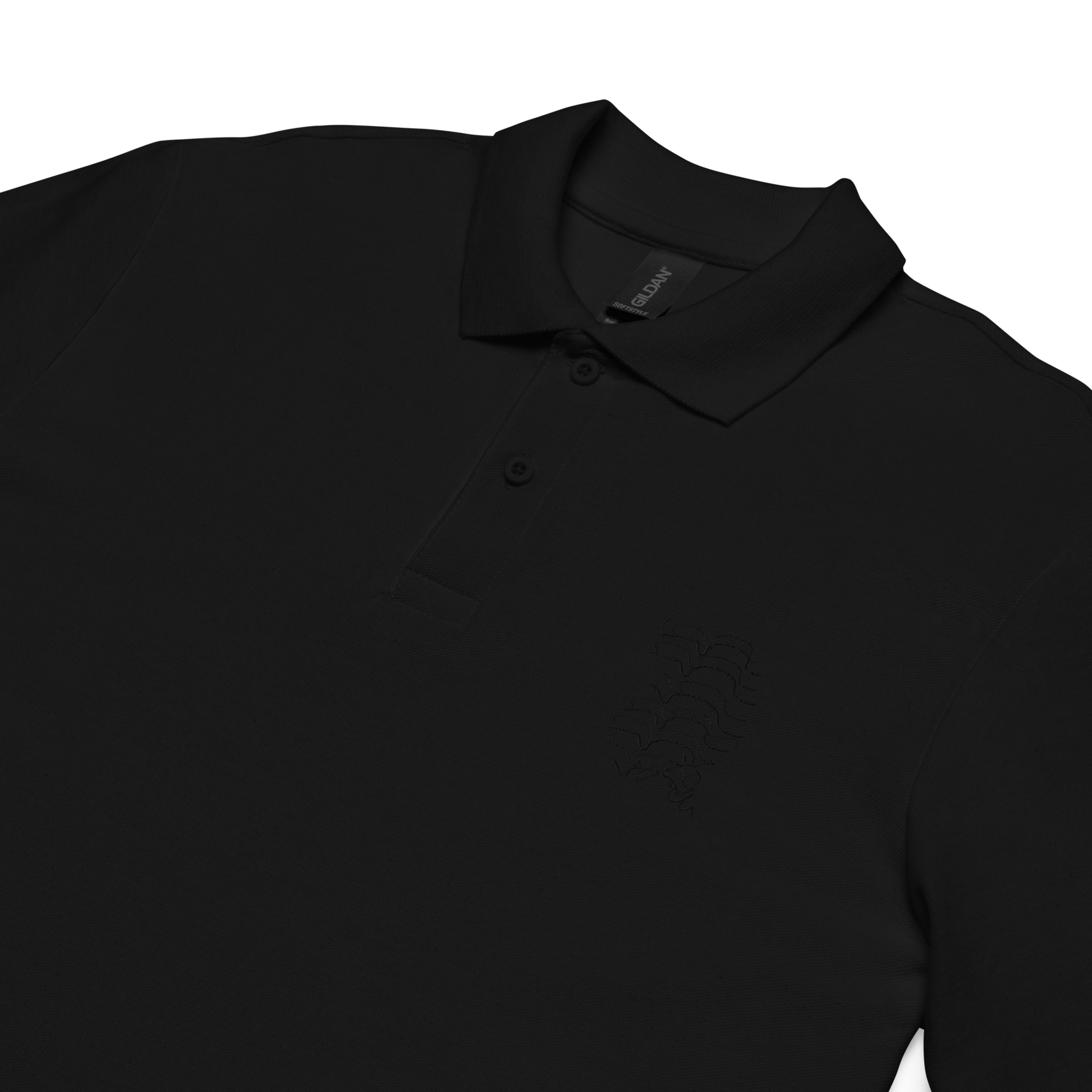 unisex pique polo shirt architectural pattern ´03 black embroidery black polo front close up