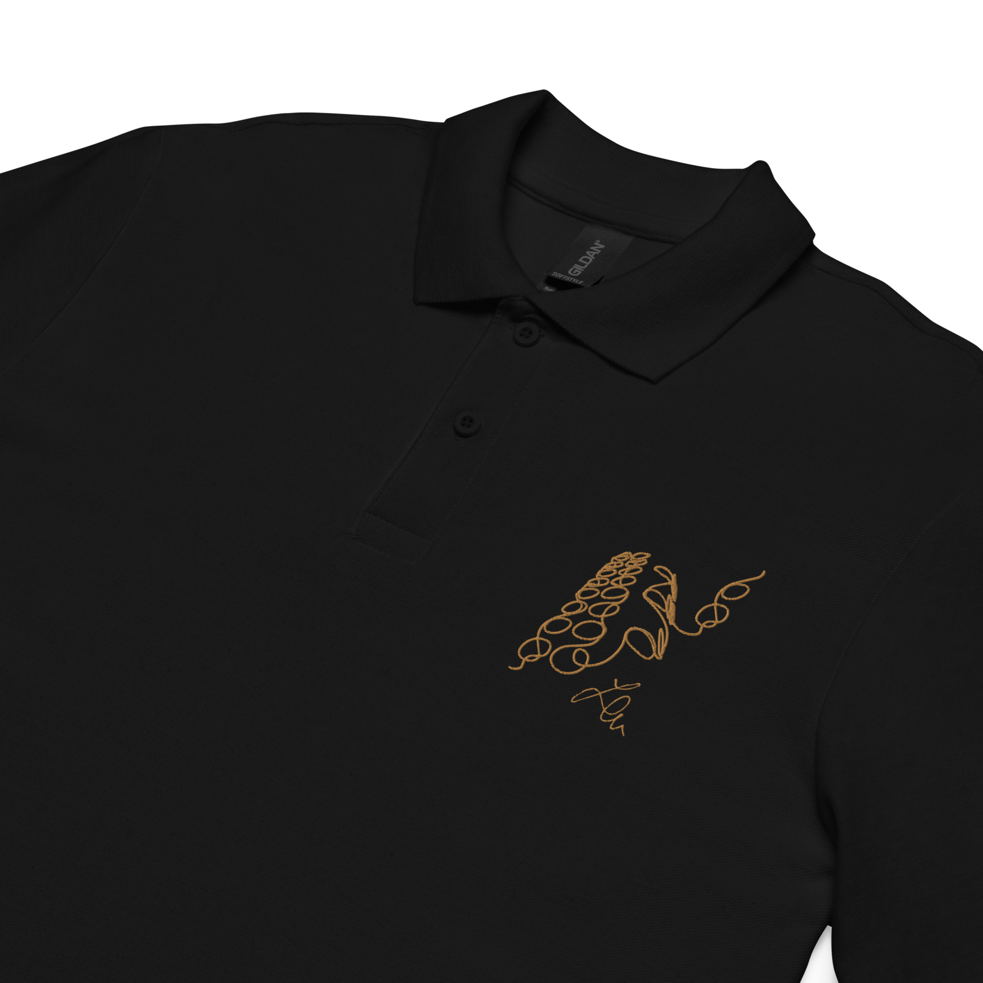 unisex pique polo shirt architectural pattern ´05 golden embroidery black polo close up
