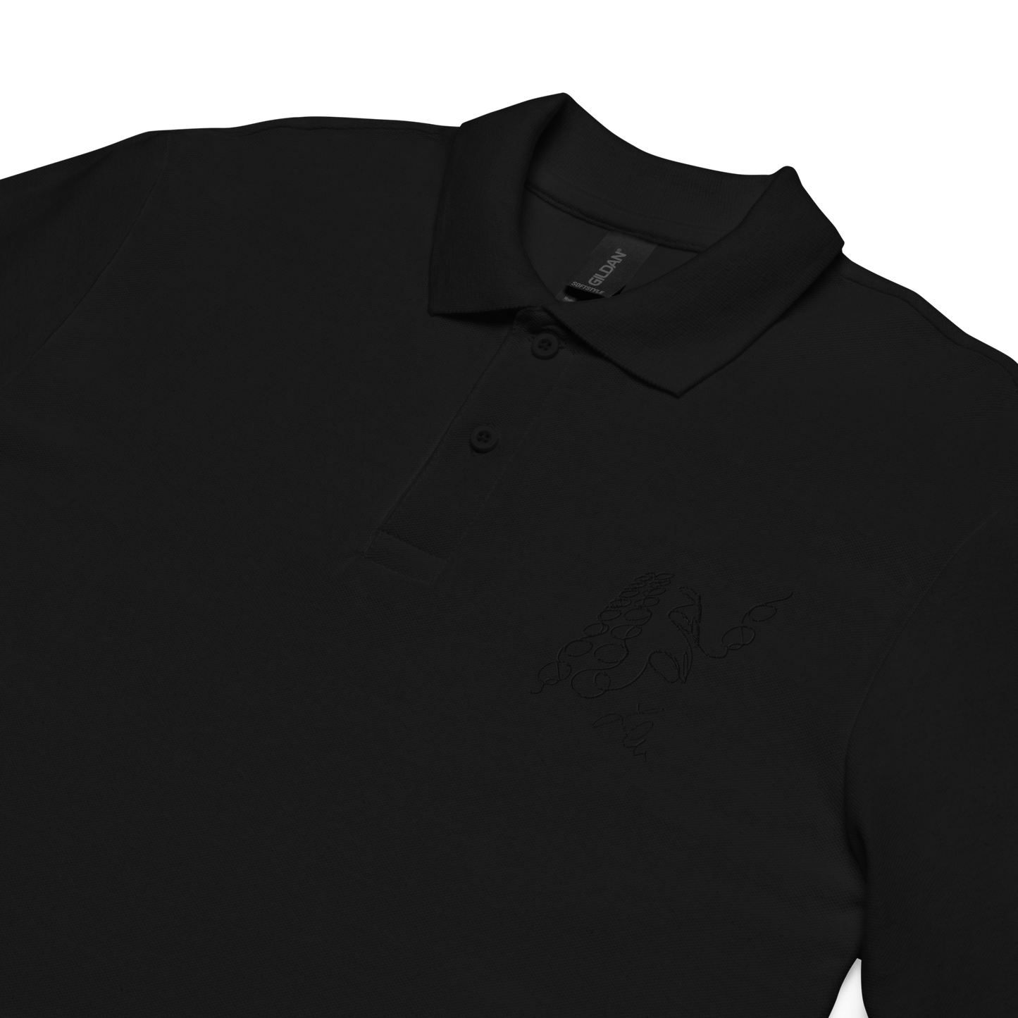 unisex pique polo shirt architectural pattern ´05 black embroidery black polo close up