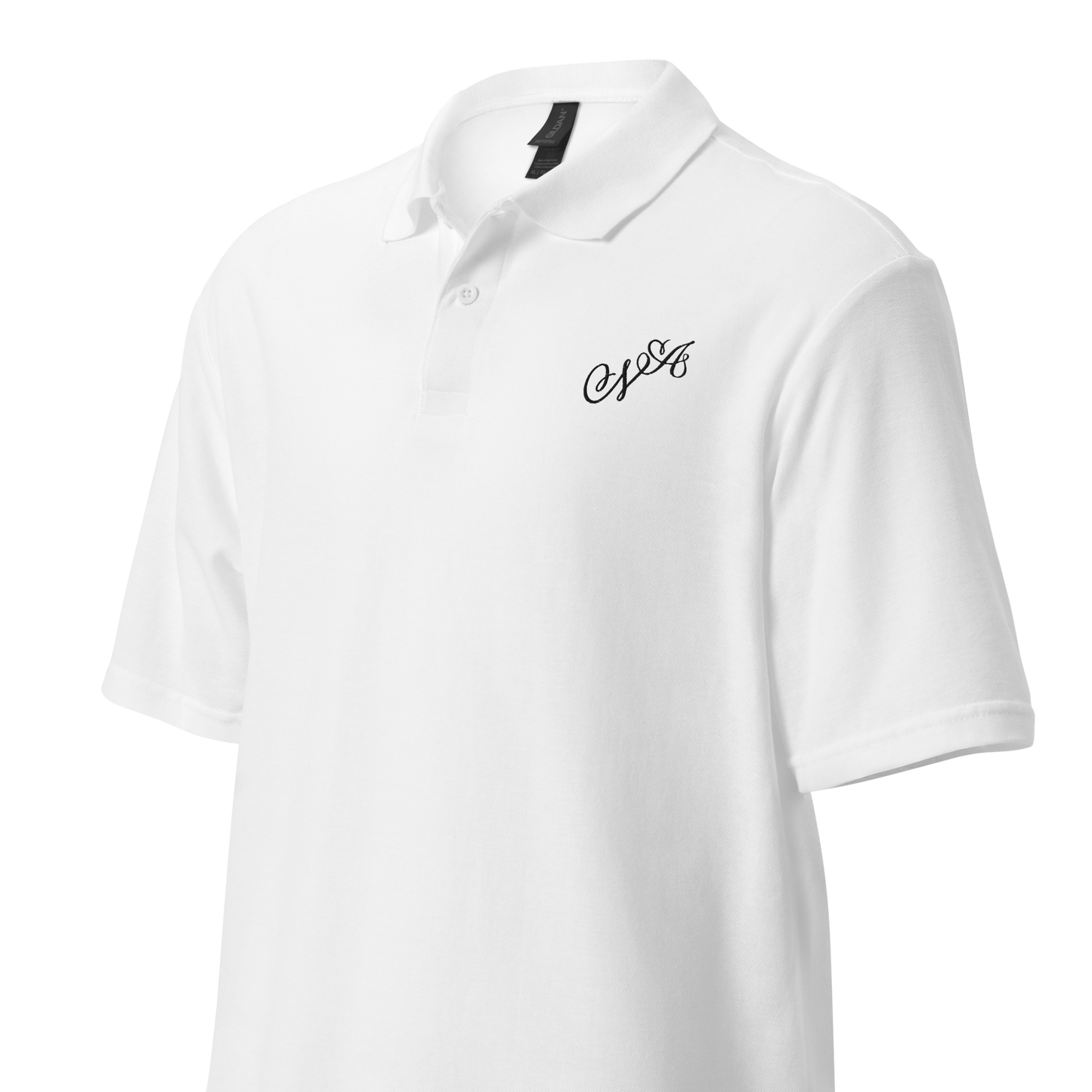 unisex pique polo shirt with black embroidery - personalised with calligraphyc initials
