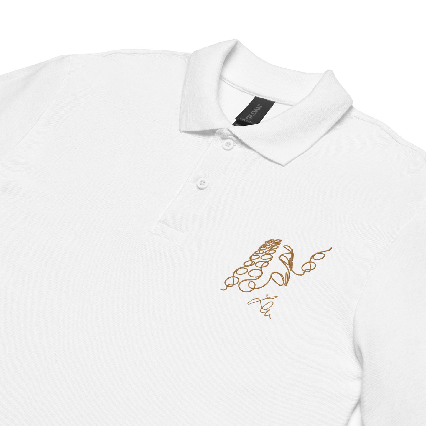 unisex pique polo shirt architectural pattern ´05 golden embroidery white polo close up